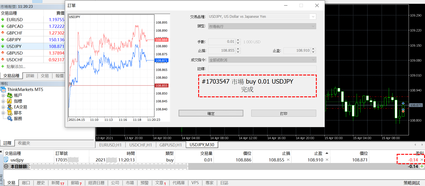 Thinkmarkets(智匯)MT5下單完成